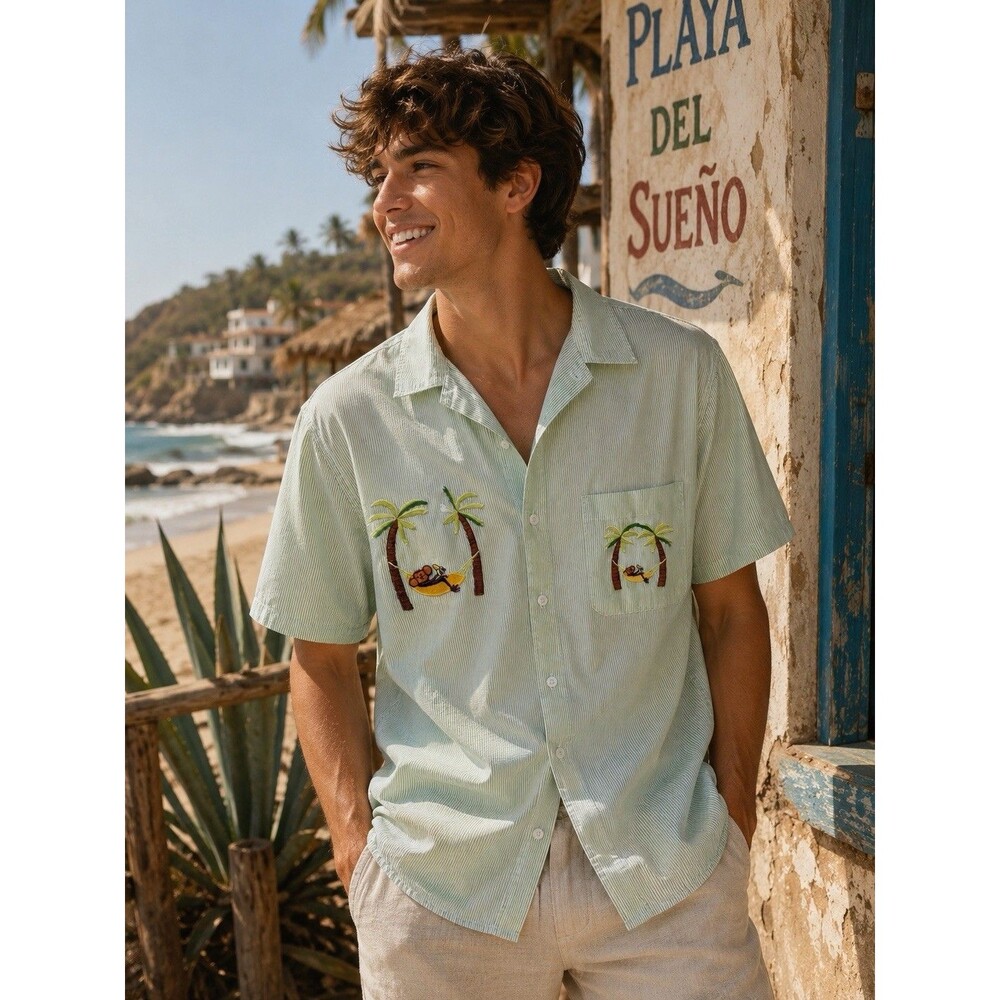Vintage Las Olas Green Pinstripe Palm Tree Coastal Monkey Mens Shirt Sz  Large